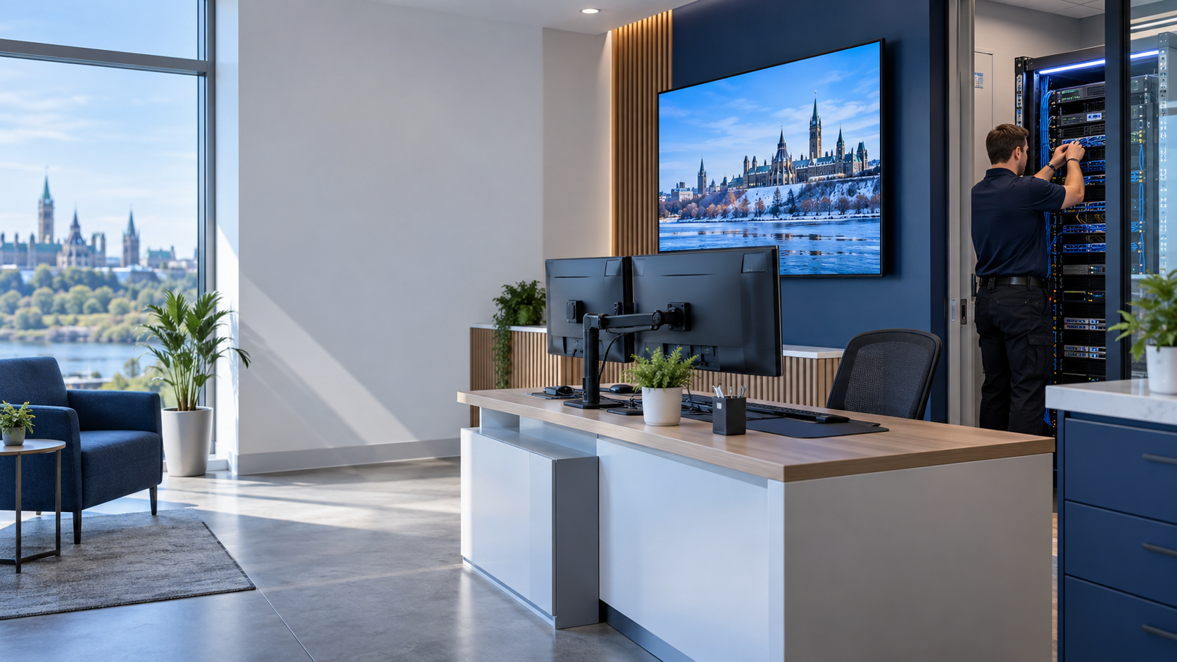 Modern office with digital signage, dual monitors and professionally managed network equipment
